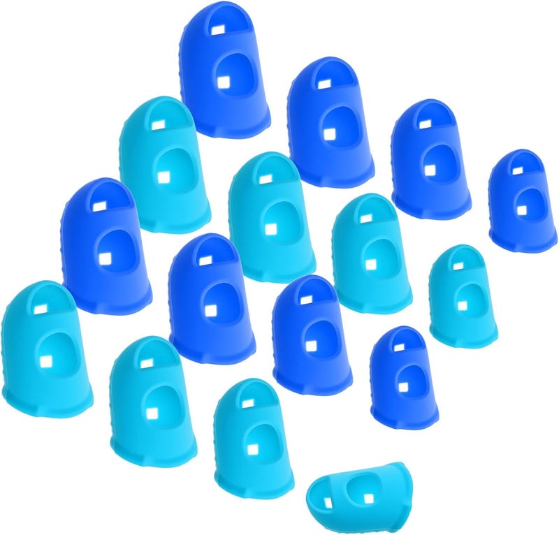 Fyntave 16 Pcs Finger Tips Silicone Thimble Fingertip Grips Rubber Anti-Slip Finger Tips Breathable Fingers Protectors Pads Cover for Paper Sorting Money Counting Sewing Guitar Playing 4 Sizes Blue Aqua - Image 1